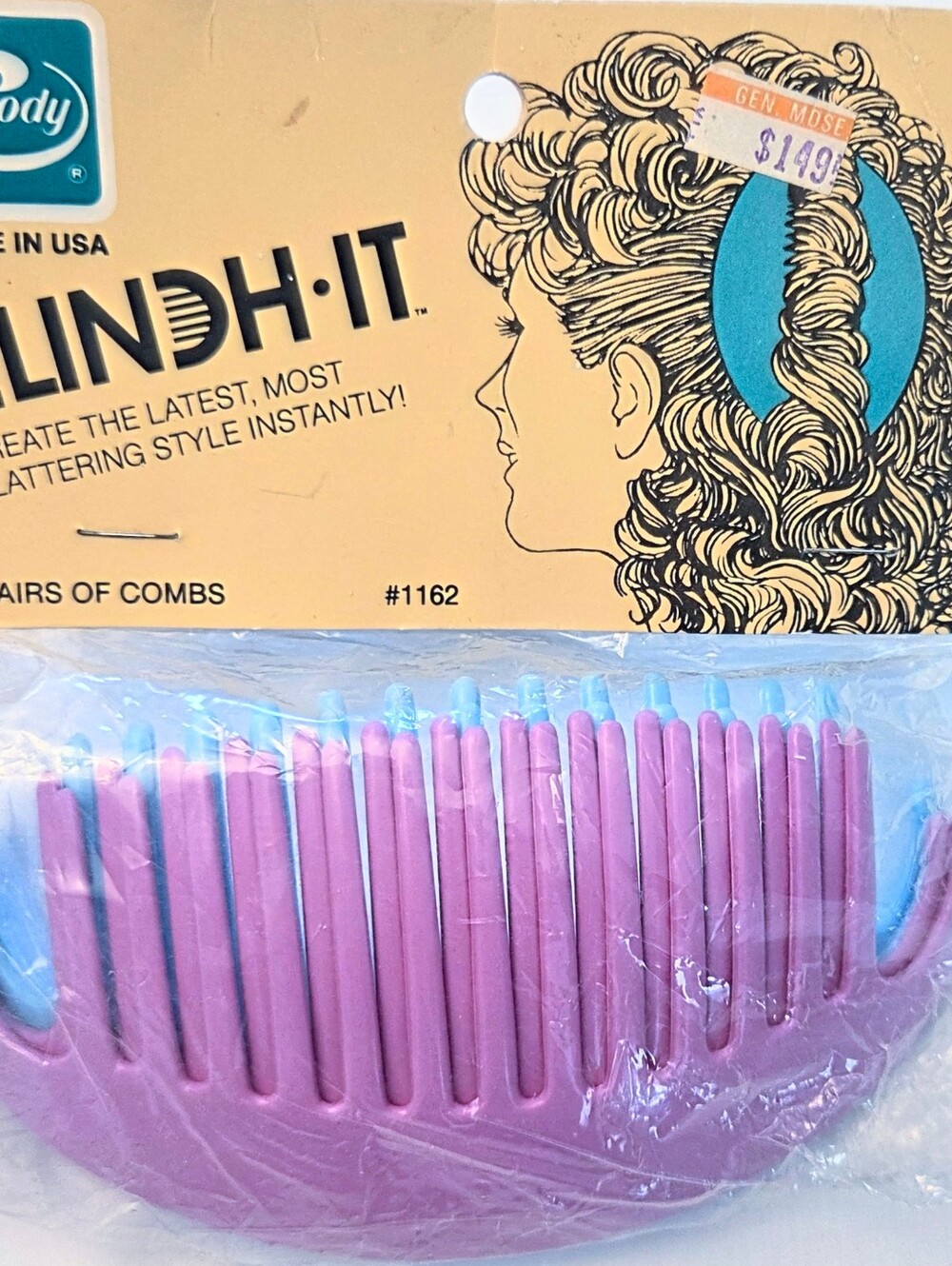Vintage Goody Tzers Clinch-It Banana Hair Clip Comb Large 80s lt.blue & purple